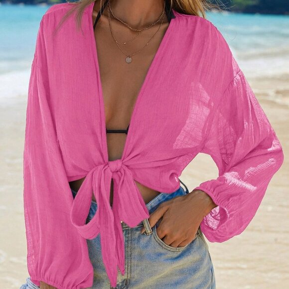Hot Pink Women's Beachy Tie Front Drop Shoulder Kimono - Picture 2 of 7